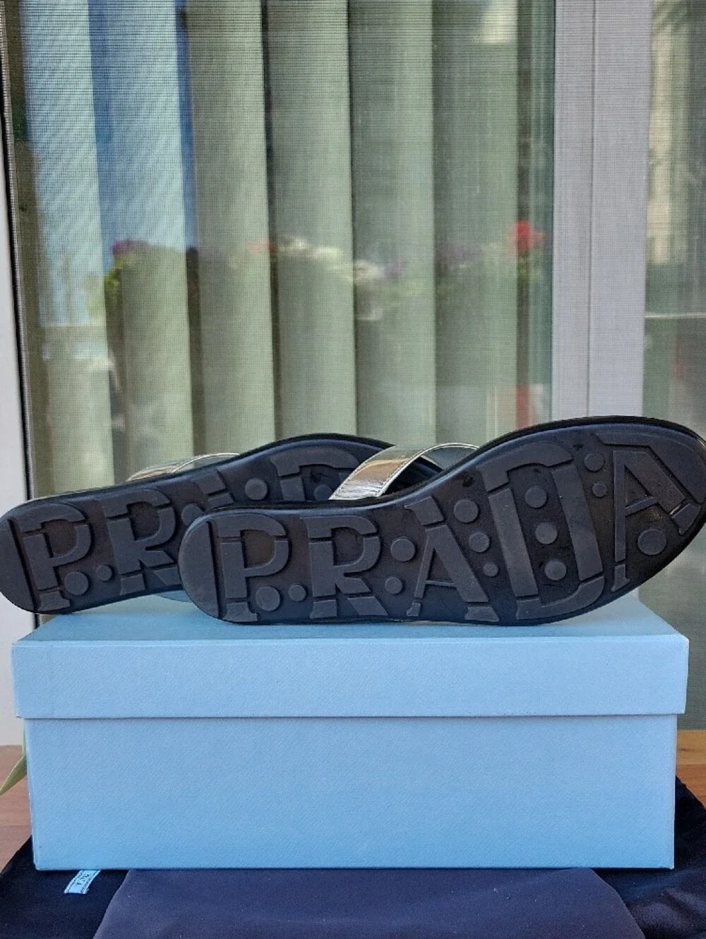 Prada Metallic Silver Logo Thong Sandals